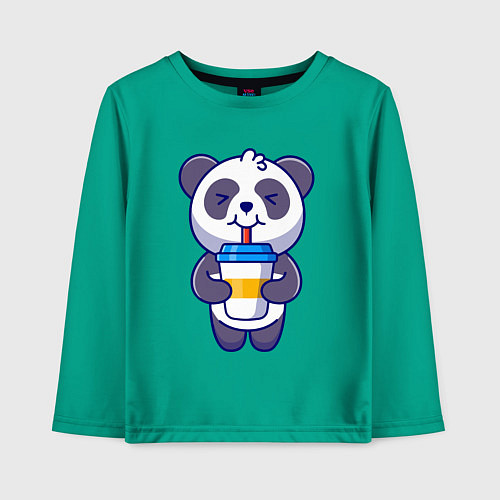 Детский лонгслив Панда наслаждается напитком / Зеленый – фото 1