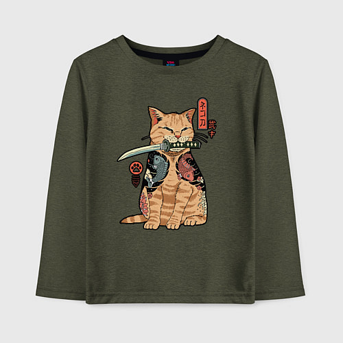 Детский лонгслив Кот самурай Якудза / Меланж-хаки – фото 1