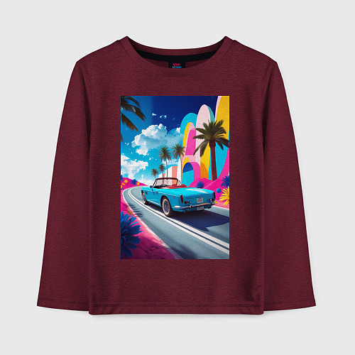Детский лонгслив Кабриолет едет по тропическому острову / Меланж-бордовый – фото 1