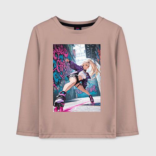 Детский лонгслив Девушка на роликах исполняет трюки / Пыльно-розовый – фото 1