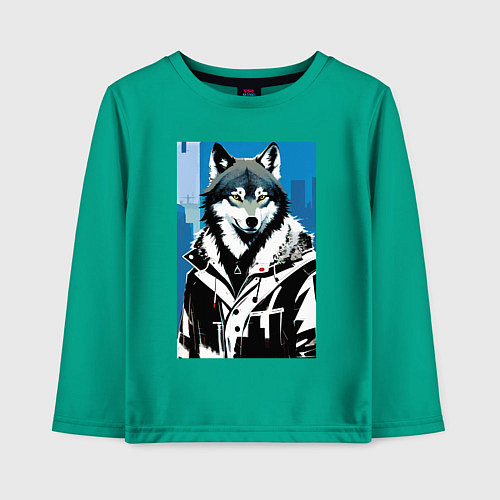 Детский лонгслив Волк в мегаполисе - нейроарт / Зеленый – фото 1