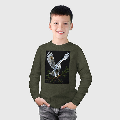 Детский лонгслив Белая сова на дереве / Меланж-хаки – фото 3