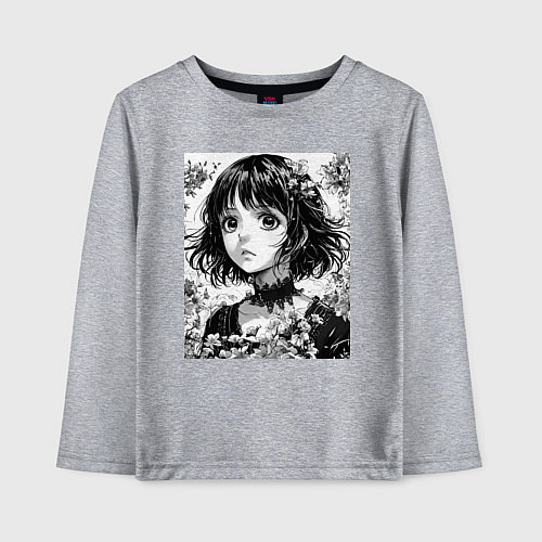 Детский лонгслив Аниме девушка портрет черно-белый / Меланж – фото 1