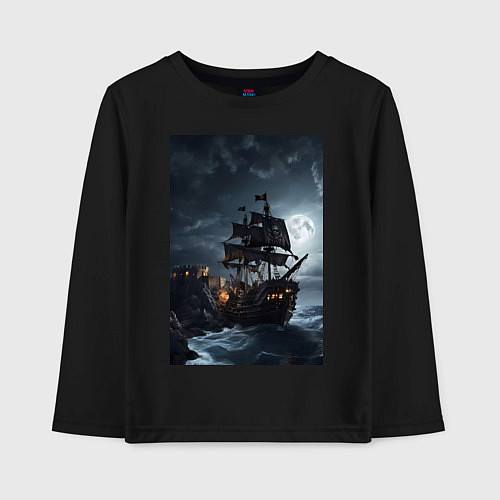 Детский лонгслив Пиратский корабль в шторм / Черный – фото 1