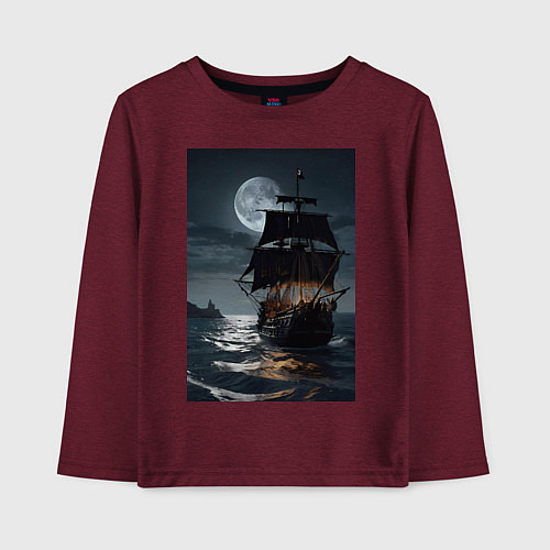 Детский лонгслив Пиратский корабль в шторм / Меланж-бордовый – фото 1
