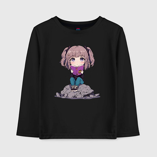 Детский лонгслив Аниме тиби и книга / Черный – фото 1