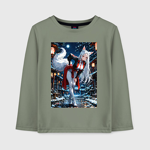 Детский лонгслив Белоснежная лиса лунной ночью / Авокадо – фото 1