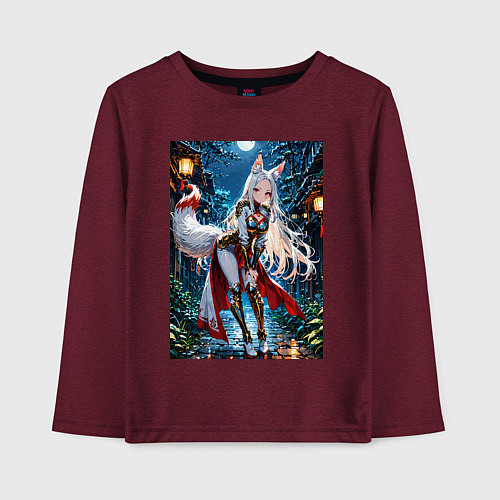 Детский лонгслив Белоснежная лиса лунной ночью / Меланж-бордовый – фото 1