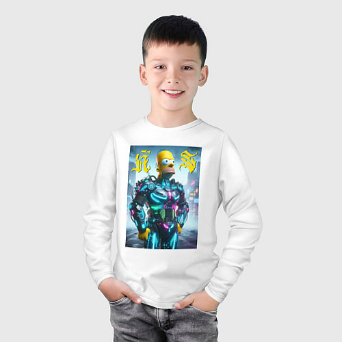 Детский лонгслив Homer Simpson - neon glow ai art / Белый – фото 3