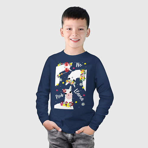 Детский лонгслив Семья три ламы с цветами / Тёмно-синий – фото 3