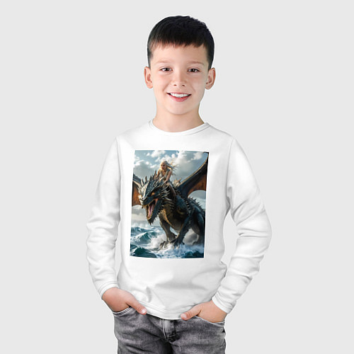 Детский лонгслив Девушка летит на драконе в стиле Игры престолов / Белый – фото 3
