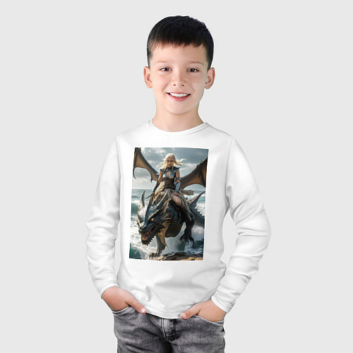 Детский лонгслив Девушка летит на драконе в стиле Игры престолов / Белый – фото 3