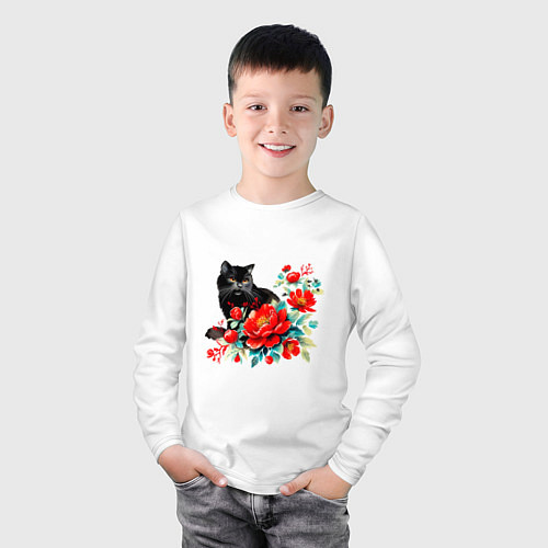 Детский лонгслив Черный кот и красные цветы / Белый – фото 3