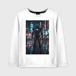 Лонгслив хлопковый детский Железный человек посреди ночного города, цвет: белый