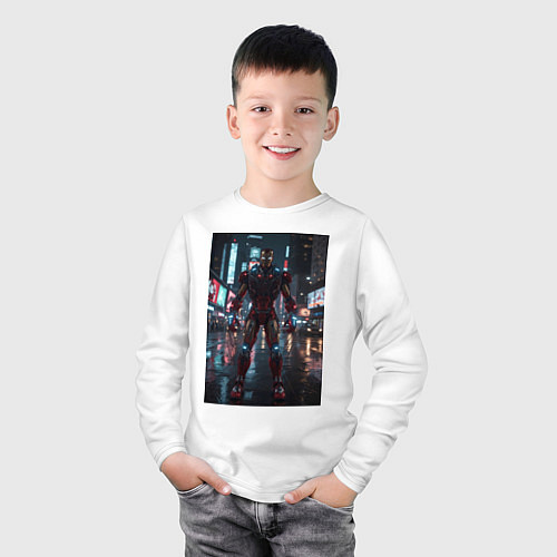 Детский лонгслив Железный человек посреди ночного города / Белый – фото 3