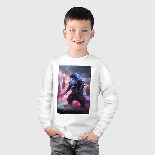 Детский лонгслив Годзилла посреди мегаполиса / Белый – фото 3