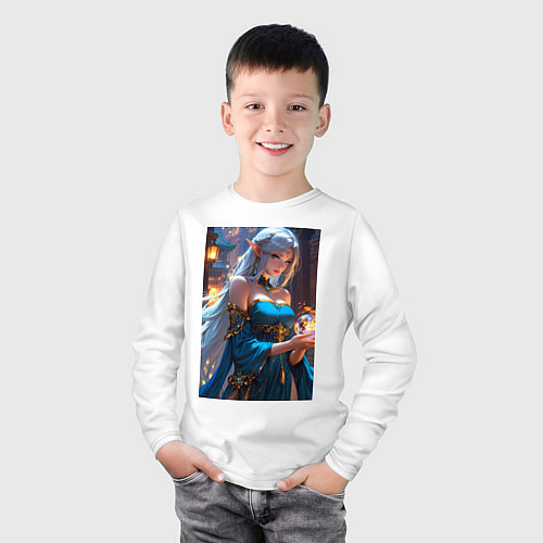 Детский лонгслив Прекрасная эльийка-маг с шаром огня / Белый – фото 3