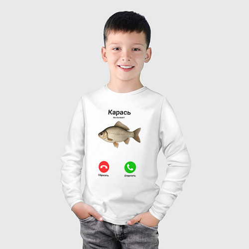Детский лонгслив Карась вызывает мем / Белый – фото 3