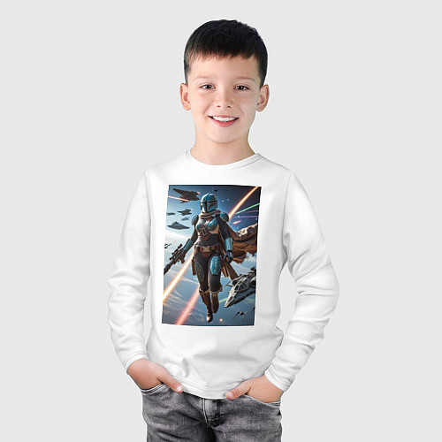 Детский лонгслив Девушка-мандалорец в космосе / Белый – фото 3