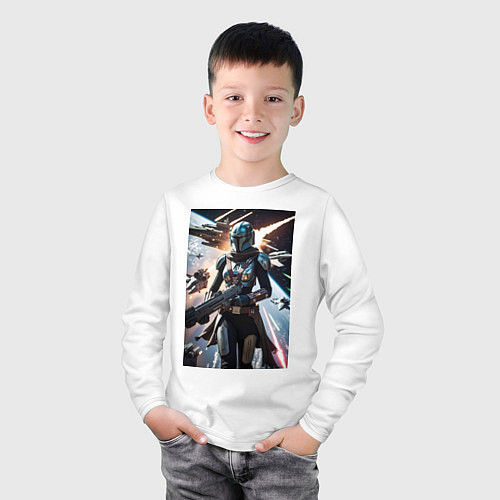 Детский лонгслив Девушка-мандалорец летит в космосе / Белый – фото 3