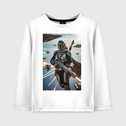 Лонгслив хлопковый детский Девушка-мандалорец летит в космосе, цвет: белый