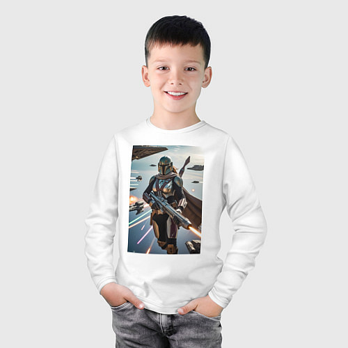 Детский лонгслив Девушка-мандалорец летит в космосе / Белый – фото 3