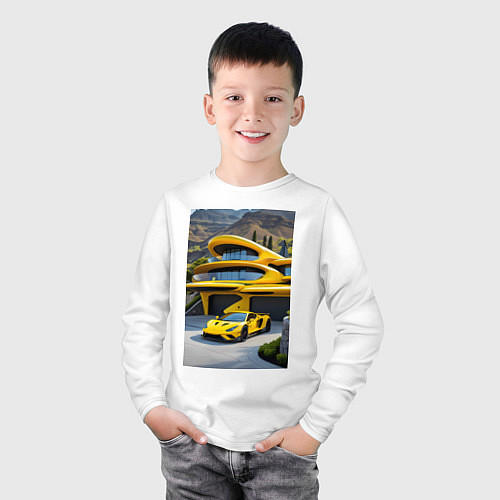 Детский лонгслив Желтый суперкар у дома / Белый – фото 3