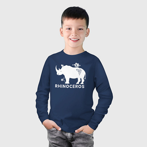 Детский лонгслив Носорог с цветами / Тёмно-синий – фото 3