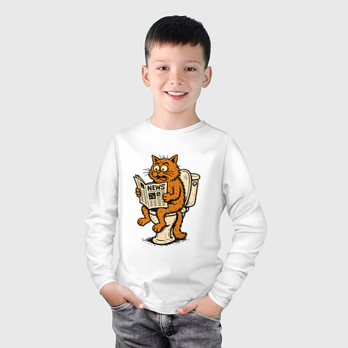 Детский лонгслив Кот на унитазе читает новости / Белый – фото 3