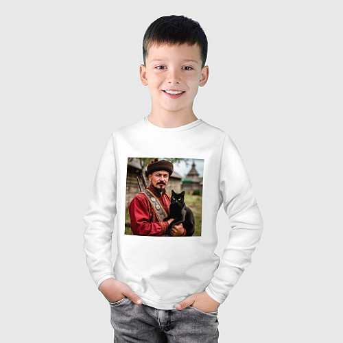 Детский лонгслив Казак с чёрным котом / Белый – фото 3