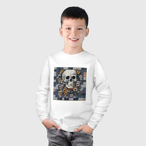 Детский лонгслив Череп в цветах мозаика / Белый – фото 3