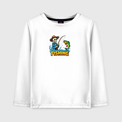 Лонгслив хлопковый детский Скелет со спиннингом на рыбалке, цвет: белый