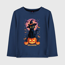 Лонгслив хлопковый детский Halloween cat sits on pumpkin, цвет: тёмно-синий