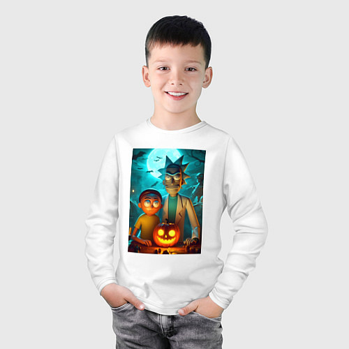 Детский лонгслив Rick and Morty with pumpkin - halloween night / Белый – фото 3