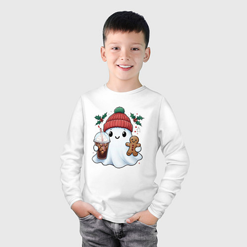 Детский лонгслив Милое новогоднее привидение с кофе и имбирным прян / Белый – фото 3