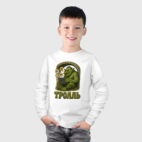 Детский лонгслив Тролль за ноутбуком / Белый – фото 3