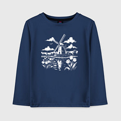 Лонгслив хлопковый детский Мельница и тюльпаны, цвет: тёмно-синий
