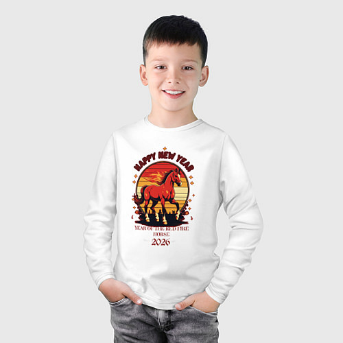 Детский лонгслив Красный огненный конь символ 2026 / Белый – фото 3