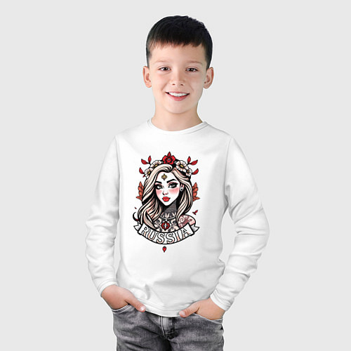 Детский лонгслив Русская девушка с узорами / Белый – фото 3