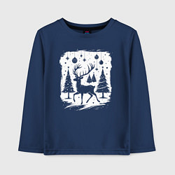 Лонгслив хлопковый детский Олень в новогоднем лесу, цвет: тёмно-синий