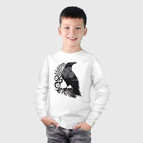 Детский лонгслив Суровый ворон в кельтском стиле - символ воинов / Белый – фото 3