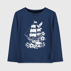 Лонгслив хлопковый детский Пиратский бриг сокровища и попугаи, цвет: тёмно-синий