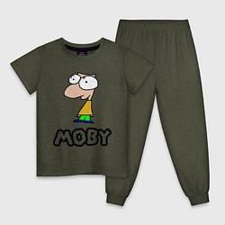 Пижама хлопковая детская Moby цвета меланж-хаки — фото 1