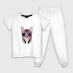 Пижама хлопковая детская Кот в очках и наушниках, цвет: белый