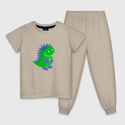 Пижама хлопковая детская Зеленый дракончик-динозаврик, цвет: миндальный