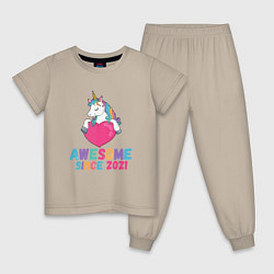 Пижама хлопковая детская Единорог 2021, цвет: миндальный