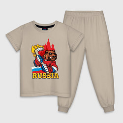 Пижама хлопковая детская Хоккей Россия, цвет: миндальный