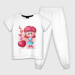 Пижама хлопковая детская Девочка милашка с сердечком, цвет: белый