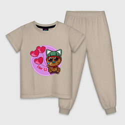 Пижама хлопковая детская Котик милашка в шапочке, цвет: миндальный