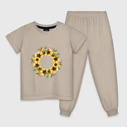 Пижама хлопковая детская Летний венок из подсолнухов, цвет: миндальный